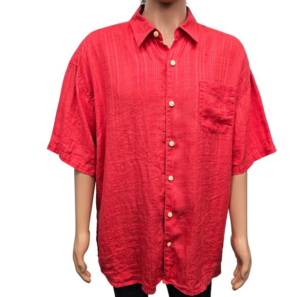 TOMMY BAHAMA Linen Shirt Men XXL 2XL Short Sleeved Coral Orange Red Plaid - Picture 1 of 12